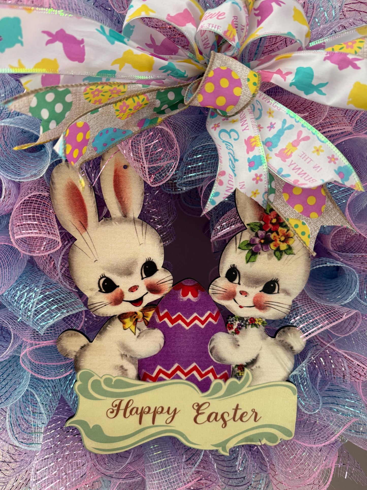 Pastel Easter Wreath with Bunny Accents - Easter Home Decoration