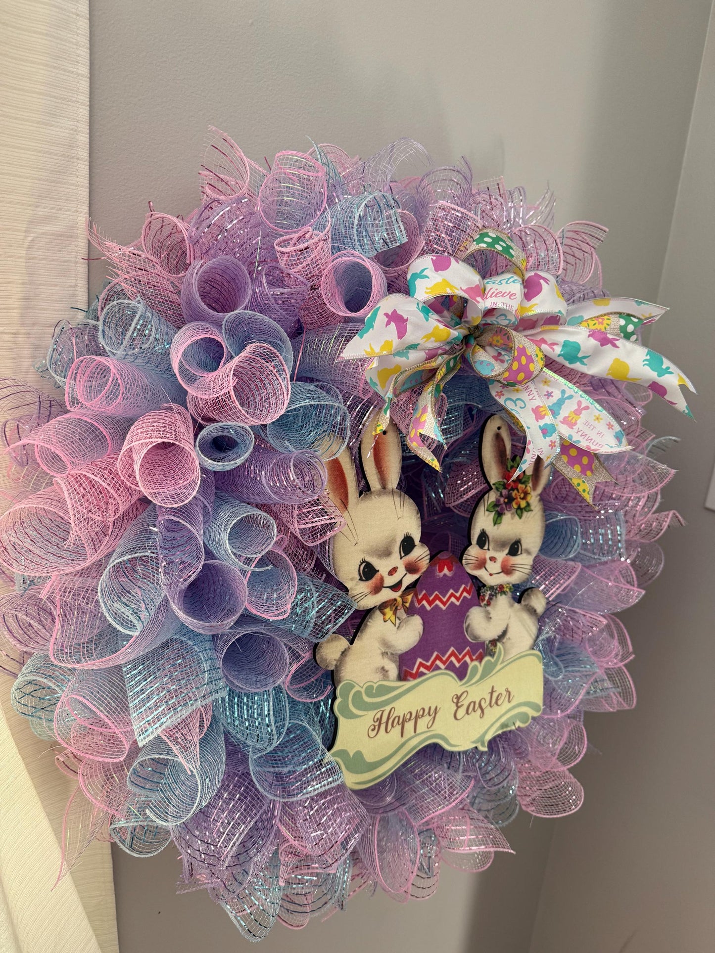 Pastel Easter Wreath with Bunny Accents - Easter Home Decoration