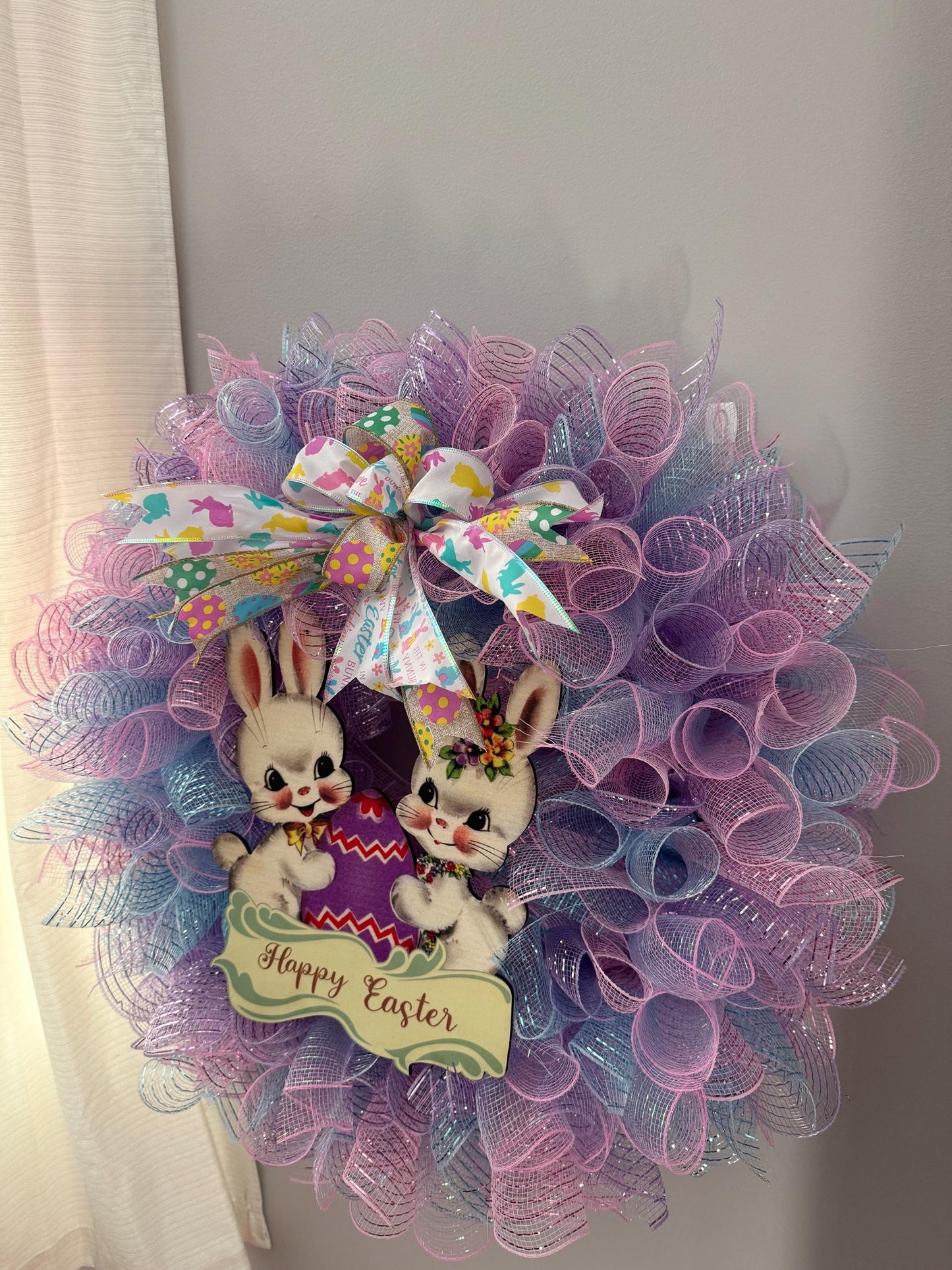 Pastel Easter Wreath with Bunny Accents - Easter Home Decoration