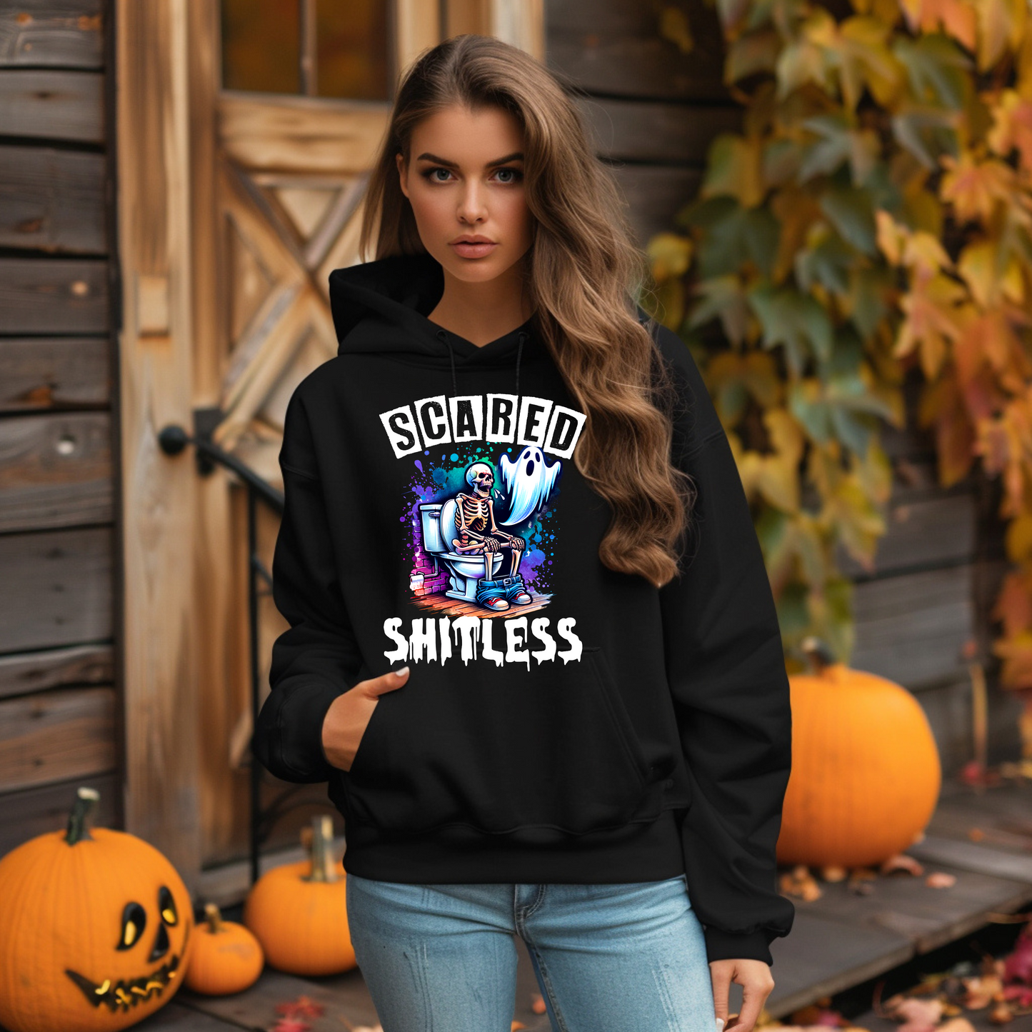Funny Halloween Sweatshirt, Scared Shitless, Spooky Ghost On Toilet, Sarcastic Skeleton, Spooky Halloween, Halloween Party