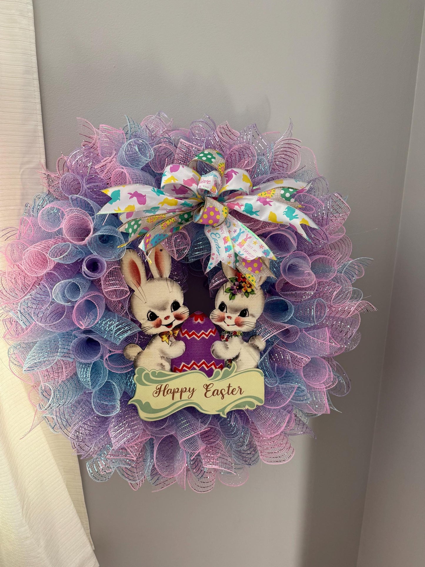 Pastel Easter Wreath with Bunny Accents - Easter Home Decoration