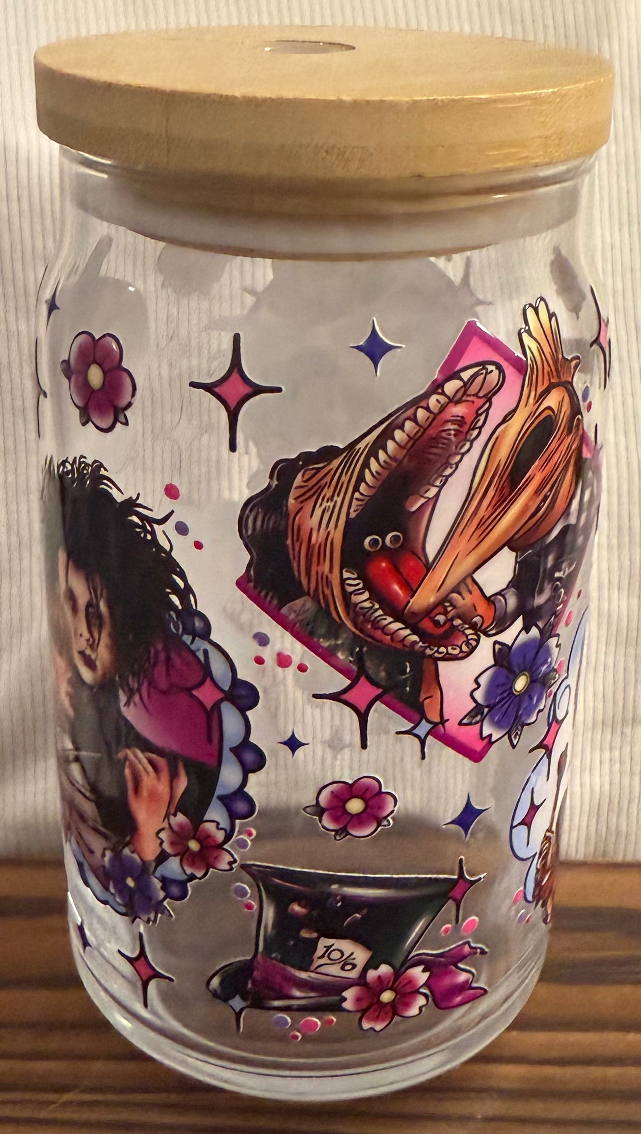 Tim burton glass can with lid and straw